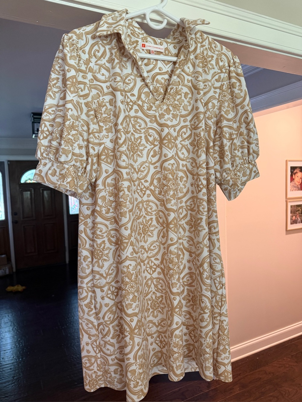 Jude Connally Short Sleeve Dress in Cream & Tan performance fabric